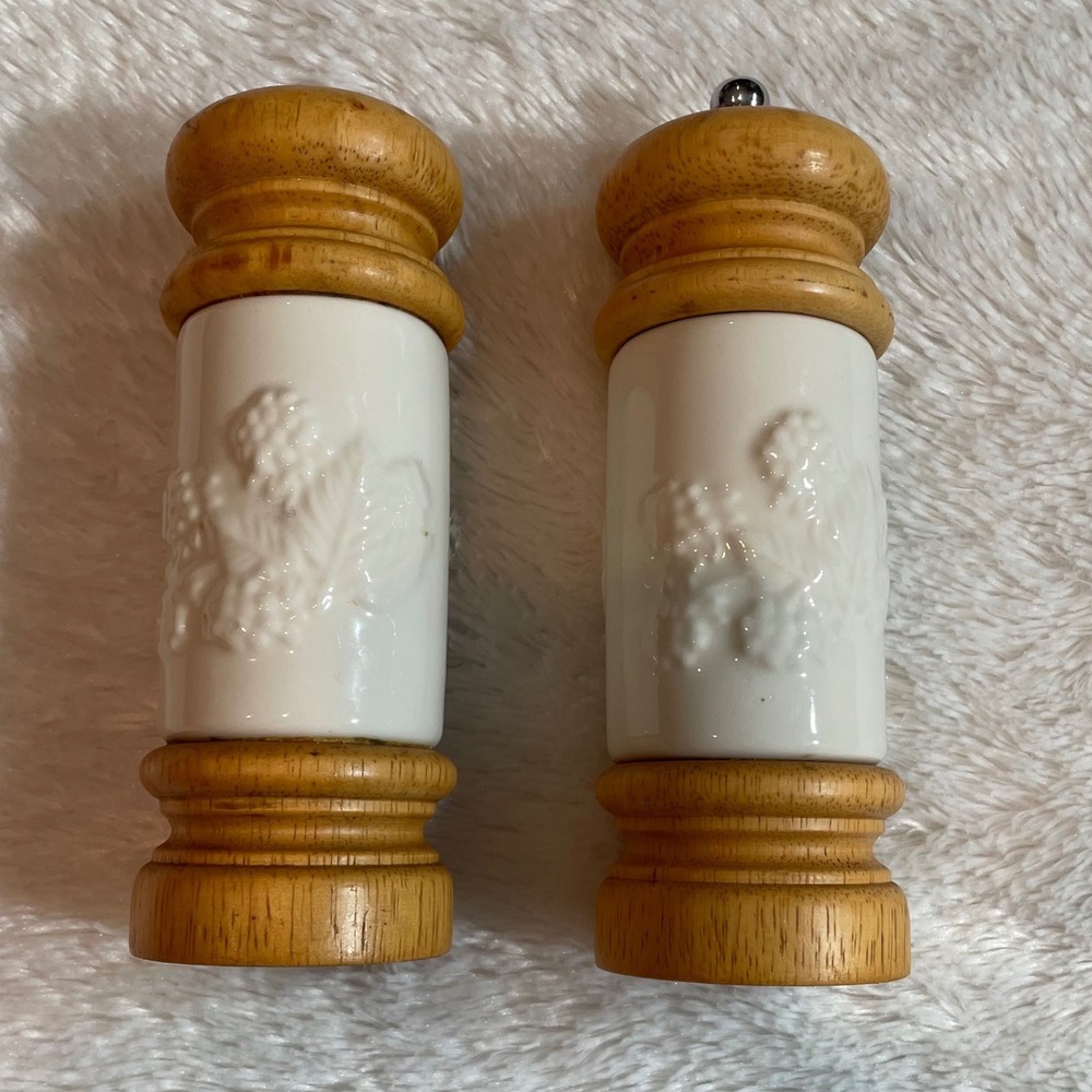Mr. Dudley Ceramic Wood Salt Shaker and Pepper Mill Set Grape Motif Cottagecore